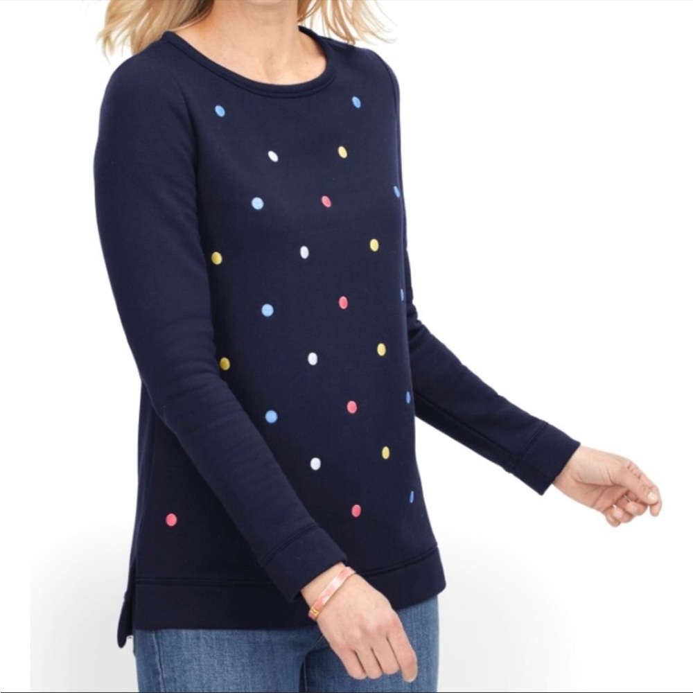Talbots Embroidered Polka Dot NAVY Sweatshirt Women’s Size M Fleece Pullover